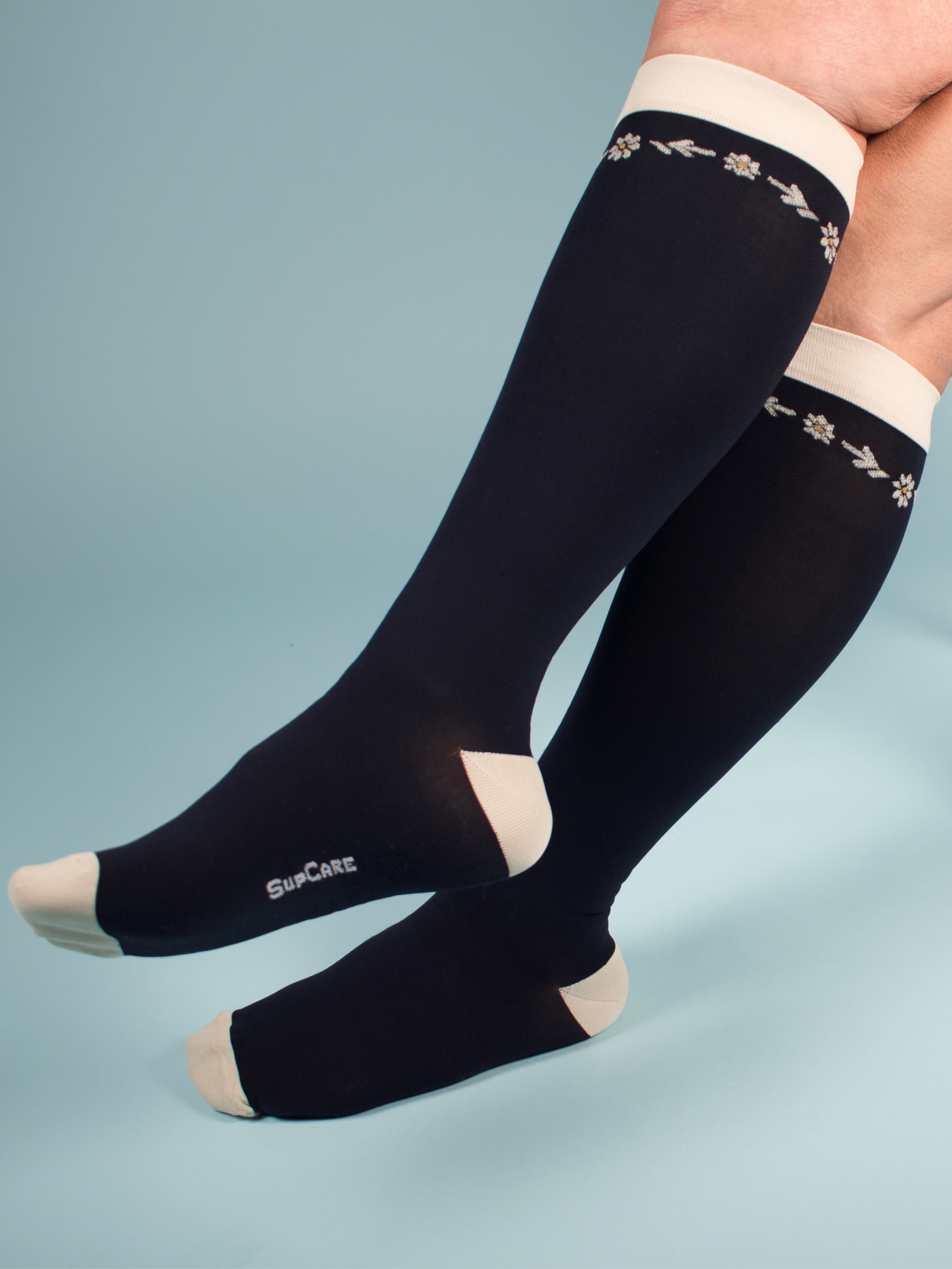Medical Compression Stockings Class 2, Navy Blue with Daisies