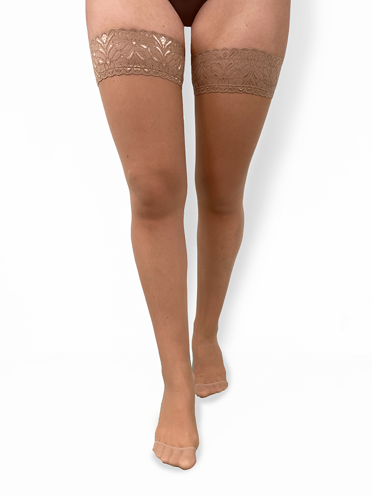 Women's Plus Size Beige Lace Top Thigh High Fishnet Tights