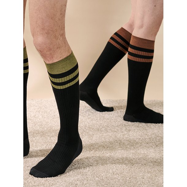 Stttestrmper Bambus, Rib Weave, Sort med Rusty Striber