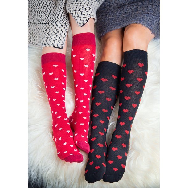 Compression Stockings Cotton, Red with Hearts 6,5-7,5 (ankle: 8.3-10.2", calf: 11.8-16.5")