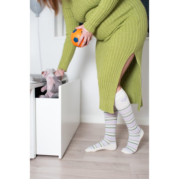 Stttestrmper Bomull, Off White med Grnne og Lilla Striper