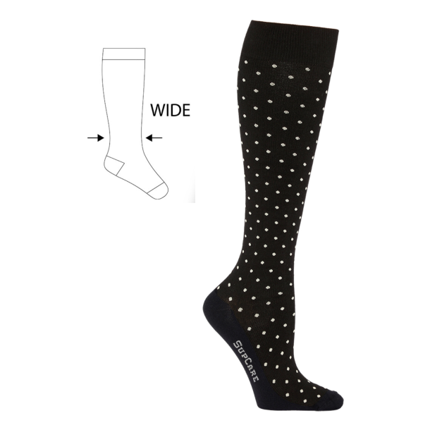 Compression Stockings Bamboo, Black with White Dots, WIDE CALF