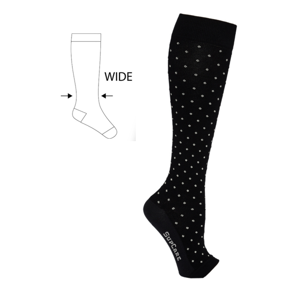 Compression Stockings Bamboo, Open Toe, Black with White Dots, WIDE CALF