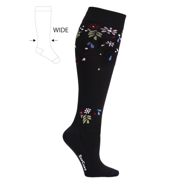 Compression Stockings ECO Cotton, Flower Shower, Black, WIDE CALF