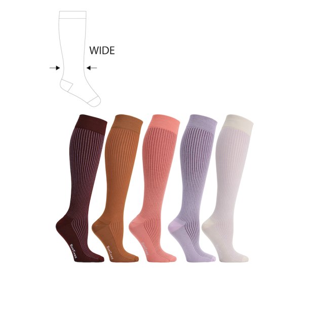 Giftbox 5 Pairs Compression Stockings Bamboo, Rib Weave, FLOWR, WIDE CALF