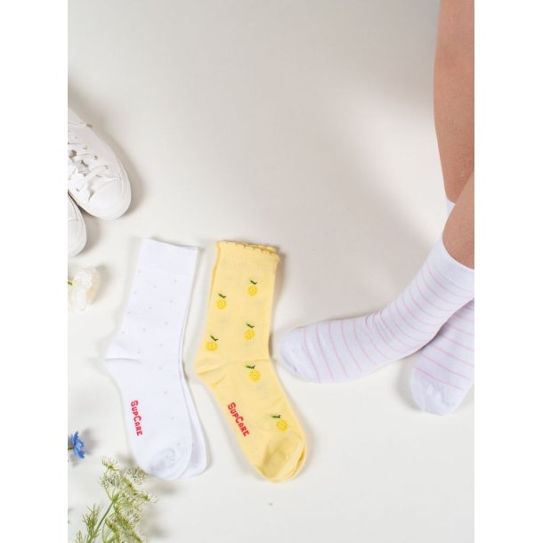 Cotton Socks without Compression, 3 Pairs, Yellow/White/Pink