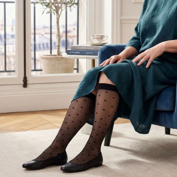 Nylon Compression Stockings, Black with Small Hearts