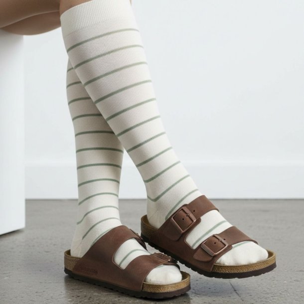 St�ttestr�mper Bomull, Creme/Gr�nn Stripet