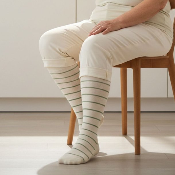 St�ttestr�mper Bomull, Creme/Gr�nn Stripet, BRED MODELL