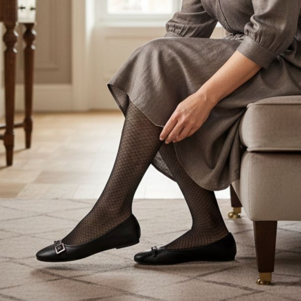 Nylon St�ttestr�mper, Svart med Diamant M�nster