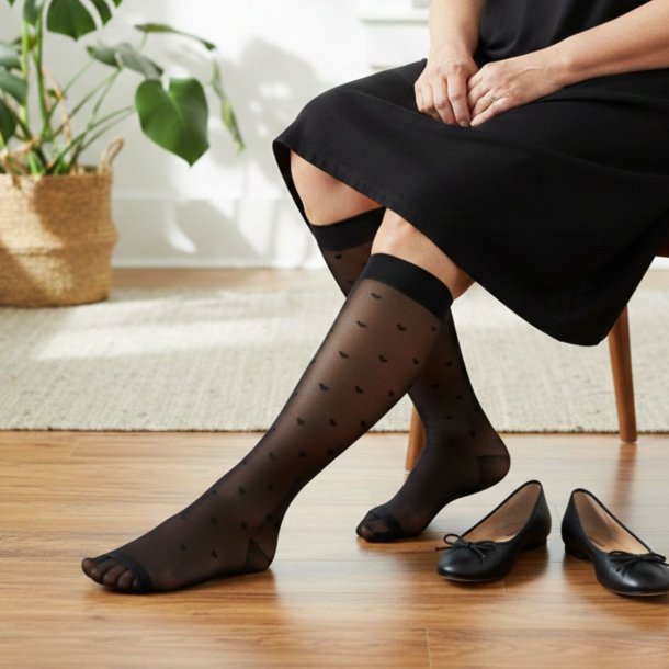 Nylon St�ttestr�mper, Svart med Sm� Hjerter