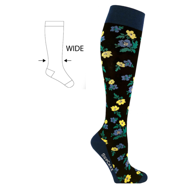 Compression Stockings Cotton, Yellow and Blue Flowers WIDE CALF