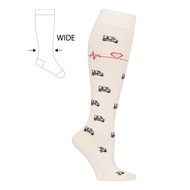 Compression Stockings Bamboo, Cream with Ambulances, WIDE CALF
