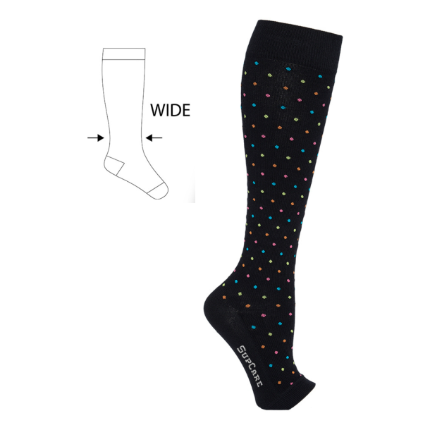 Compression Stockings Cotton, Open Toe, Black with Colored Dots WIDE CALF