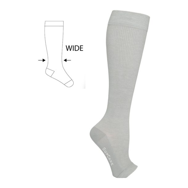 Compression Stockings Bamboo, Open Toe, Grey, WIDE CALF