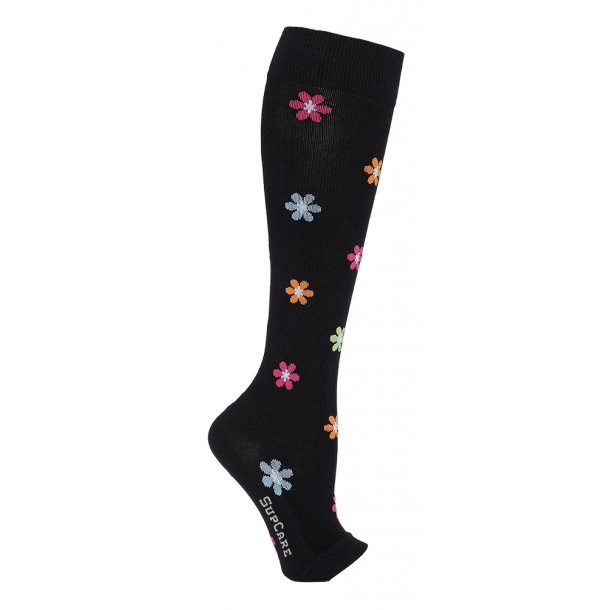 Compression Stockings Cotton, Open Toe, Black with Colored Flowers